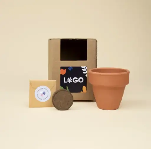 COCOT: Kit plantable de barro en caja de cartón. Personalización de la pegatina a todo color.